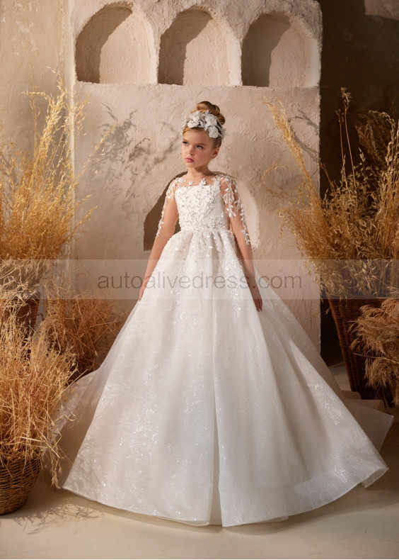 Sheer Long Sleeves Beaded White Lace Tulle Sparkly Flower Girl Dress